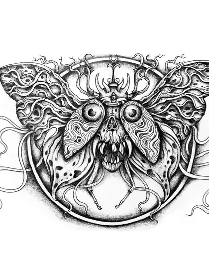 A surreal fusion of a moth and a skull, this drawing plays with the imagery of life, death, and transformation. The wings are filled with intricate, abstract patterns.