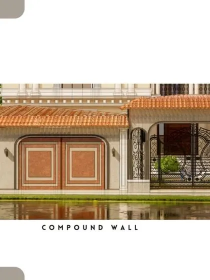 Even the compound wall is a work of art. For this Spanish villa, we designed the wall and gates to match the architectural style of the main house, ensuring a cohesive and grand entrance.
