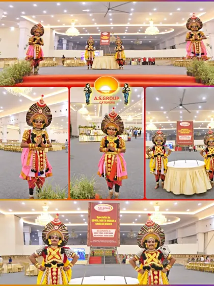 We welcome guests with devotion and respect, sometimes using traditional decor like these Yakshagana figures. This collage shows our readiness to serve at a large convention hall.