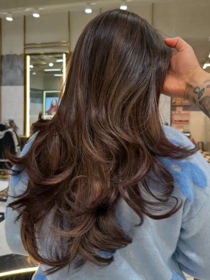 The back view of the mocha brown hair, showing the subtle dimension and the healthy, glossy finish.