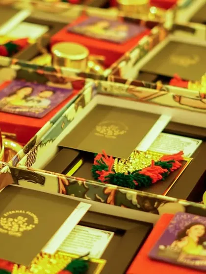 A view of the wedding return hampers being prepared for distribution. This shows the scale of the order and the consistency in the beautiful presentation.