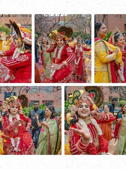 A collage of the Radha-Krishna dancers interacting with guests at the haldi ceremony. These shots capture the joyful and inclusive atmosphere of the celebration.
