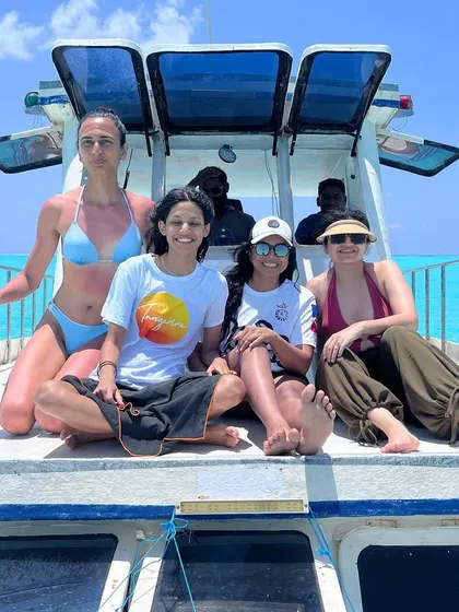 Soaking up the sun and the endless blue horizon from our dive boat. These are the moments of pure bliss between our yoga sessions and underwater adventures.