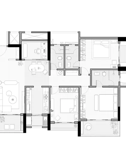 The foundational layout for the 'Tranquil Tides' apartment. The plan was designed for a family of four, focusing on creating clean, contemporary spaces with Art Deco touches while ensuring high functionality for their daily routines.