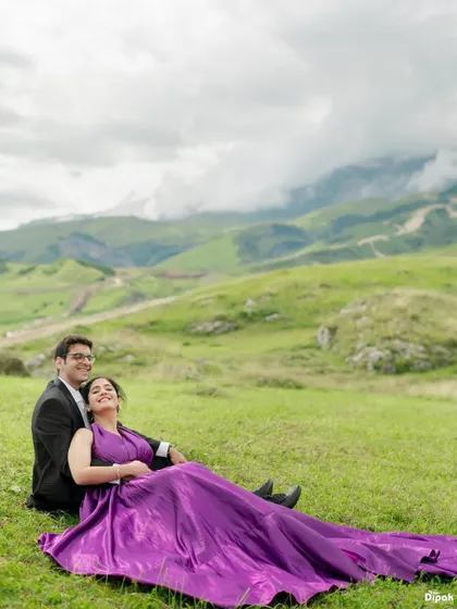 A serene moment captured in the lush green hills outside Baku. This showcases the diverse landscapes we can explore for your destination pre-wedding film and photos.