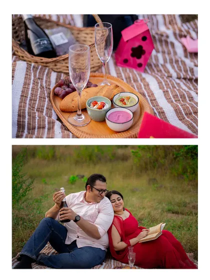A collage detailing a romantic picnic setup and the couple relaxing together, reading a book. This shows our attention to creating a complete scene for your pre-wedding shoot.
