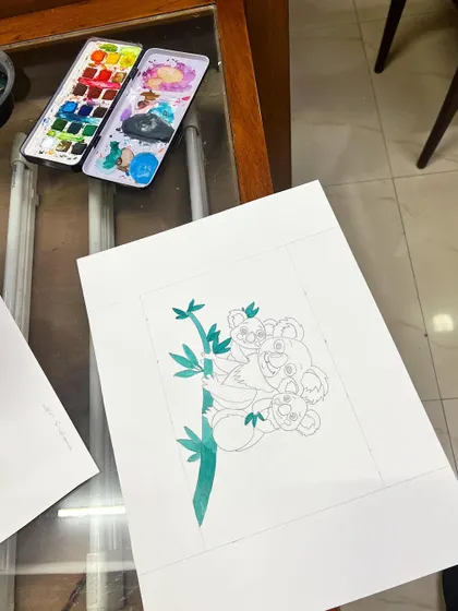 A watercolor sketch of koalas being prepared for a multi-color silkscreen print.
