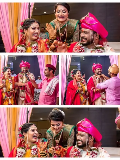 A collage showing the fun and playful rituals of a Maharashtrian wedding, with family members teasing and celebrating with the couple.