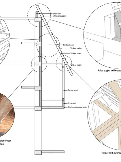 This drawing details a facade system designed with upcycled timber. The wood was salvaged from an old bungalow on the site and repurposed, preserving the material's history and character while reducing the need for new resources.