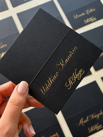 Timeless copperplate calligraphy place cards for a St. Hugo Wines sit-down event at The Ritz-Carlton, Bangalore. These personalized gold-on-black cards added an elevated, formal touch to the gathering.