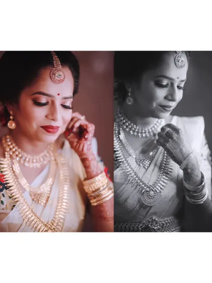A diptych of the bride's portraits, one in color and one in black and white, both showcasing her intricate jewelry and serene expression.