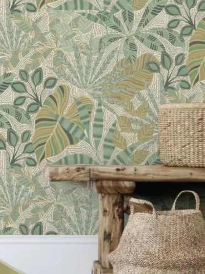 The same tropical leaf pattern in a lighter, sage green colorway. This version feels more subtle and calming, perfect for creating a relaxed, natural atmosphere.