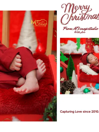 Focusing on the tiniest details, like the baby's feet against the festive red backdrop. It’s a sweet reminder of their first Christmas.