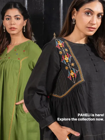 Paheli is here. This image introduces the collection, featuring our green and black embroidered tops, perfect for exploring how you can mix, match, and make these pieces your own.