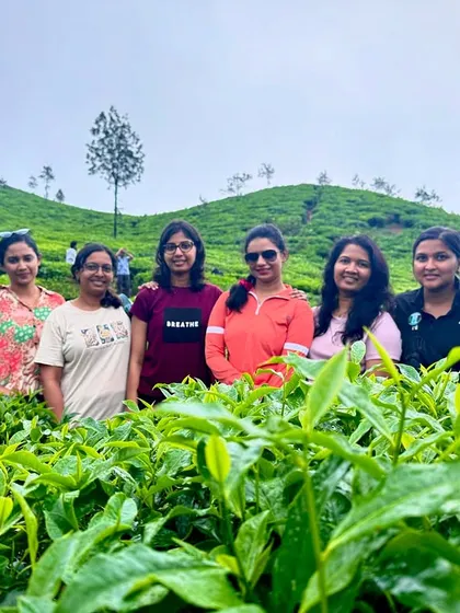 A group photo amidst the tea bushes at a beautiful tea estate.