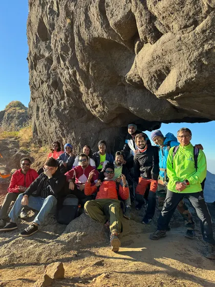 Our team at Ratangad Fort, a fantastic hike near Mumbai. These local hikes are about bonding and teamwork, bringing the B&C community together for a day of fun and exploration.