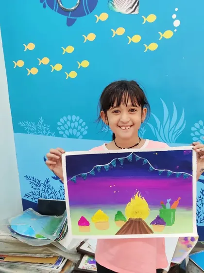 Another imaginative Holika Dahan painting, this time set against a mountain backdrop. It's wonderful to see each child's unique interpretation of a theme.