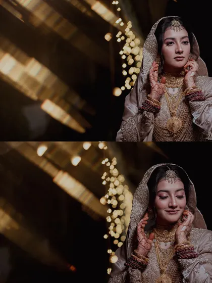 A collage of a Muslim bride's portraits, capturing her beauty against a backdrop of soft bokeh lights.