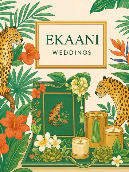 This artwork serves as a mood board for the Tales of Tropic collection. It brings together the key elements: leopards, exotic flowers, palm leaves, and elegant gift items, all framed in a classic, luxurious style.