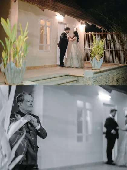 A collage showing the couple's dance and a sweet moment with the father of the groom adjusting his tie.