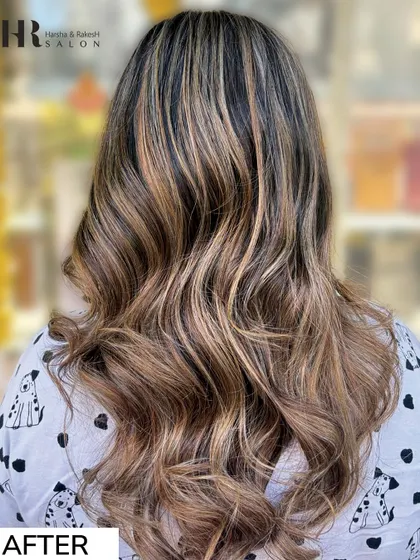 The "after" shot of a major hair glow-up. I corrected previous color and added these beautiful caramel and blonde highlights to create a rich, warm, and dimensional look.