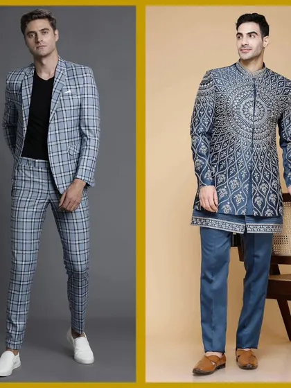 A blue multi-check suit and a blue embellished sherwani. Our collection covers the full spectrum of menswear.