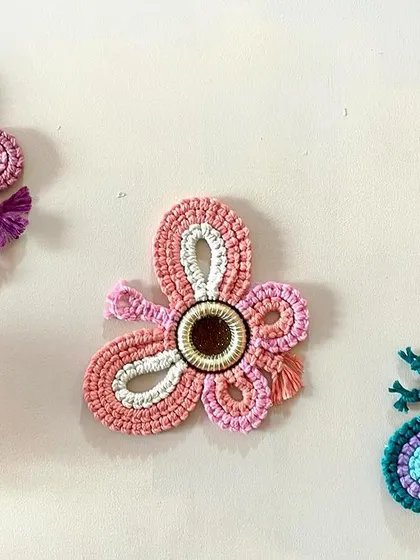 Another view of the macrame butterflies, showing how they look mounted on a wall. I can create these in a wide variety of color combinations.