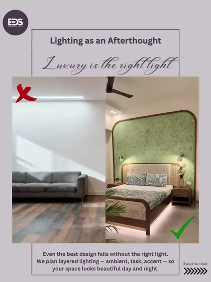 Lighting is not an afterthought. Even the best design fails without the right light. This before-and-after shows how layered lighting (ambient, task, and accent) can transform a space, making it look beautiful day and night.