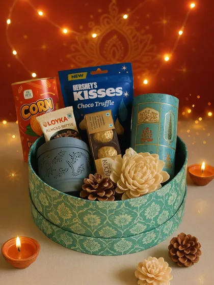 Celebrate the "Festival of Lights" with this lovely hamper. It includes Hershey's Kisses, a jar of trail mix nuts, a festive lantern, and Ferrero Rocher in a printed round box.