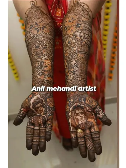 Another example of my detailed portrait work. The bride and groom figures are the centerpiece, surrounded by dense, traditional patterns that extend up the arm.
