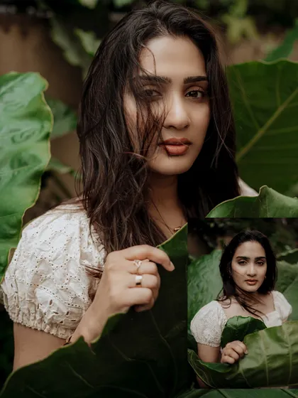 A conceptual portrait using large leaves to frame the model's face, creating a mysterious and natural feel. The inset image provides a different perspective.