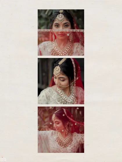 A triptych of artistic bridal portraits, using the red veil to create creative and beautiful compositions.