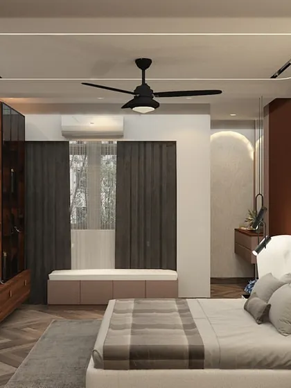 A full view of the bedroom with herringbone wood flooring, a modern TV unit, and a unique curved headboard design.