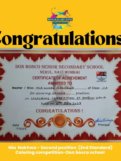 The official certificate of achievement for Nia's win. It's wonderful to see our students' hard work and talent recognized outside our classroom.