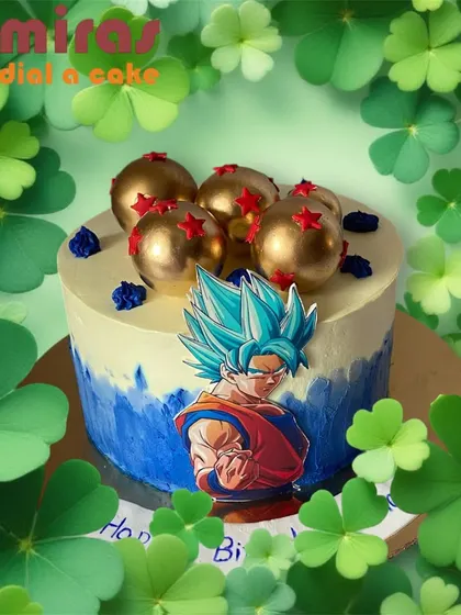 Power up the party with this Dragon Ball Z cake. It features a Goku character cutout and edible golden dragon balls, making it an epic treat for any fan of the legendary anime series.