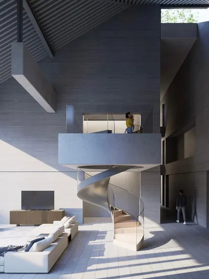 A 3D visualization of the living space in the upcoming Moradabad residence. The image shows the relationship between the spiral staircase, the mezzanine level, and the large glass openings that connect to the outdoors.