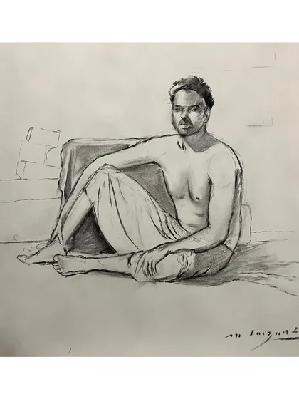 A full-figure life sketch using charcoal. This kind of study is essential for understanding anatomy and posture. It's a raw, quick sketch that captures the relaxed pose of the subject.