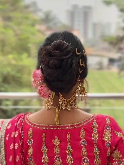 A back view of the messy bun, showcasing the intricate weaving of the hair and the placement of moon-shaped accessories for a unique touch.