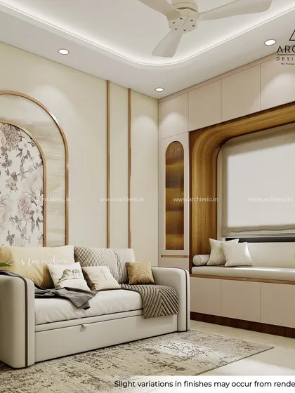 A wider view of the multi-functional room, showing a sofa bed that allows the space to double as a guest room, alongside the study and seating area.