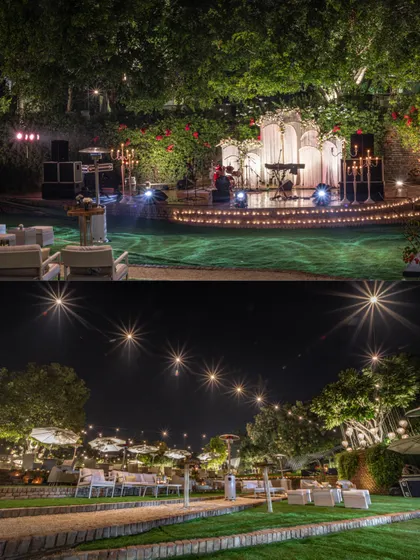 A timeless and classic white-themed reception. The top frame shows the stage, and the bottom shows the elegant lawn seating under starlit skies.