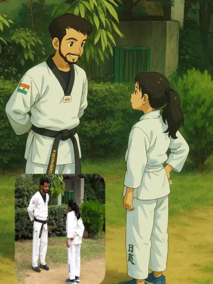 The journey of a martial artist often starts young. Here I am with one of my young Taekwondo students, showing the real-life inspiration behind a fun anime-style edit.