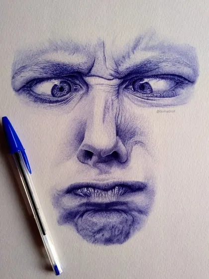 This piece, 'Goofy', is an example of what's possible with just a simple ballpoint pen. It took about 15 hours to create this hyper-realistic facial expression study on A4 paper, showing the versatility of different mediums in my work.