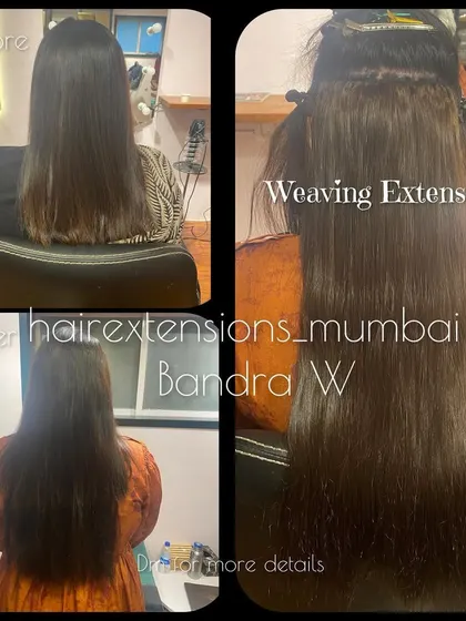 A collage showing the process of a permanent weaving extension, including the before, the application, and the final result.