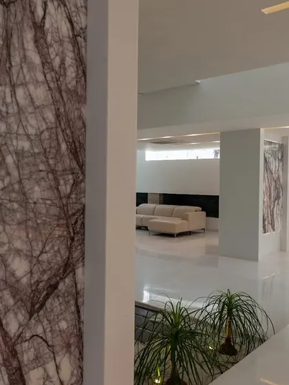 A detail of the book-matched veined marble used as an art-like feature wall.