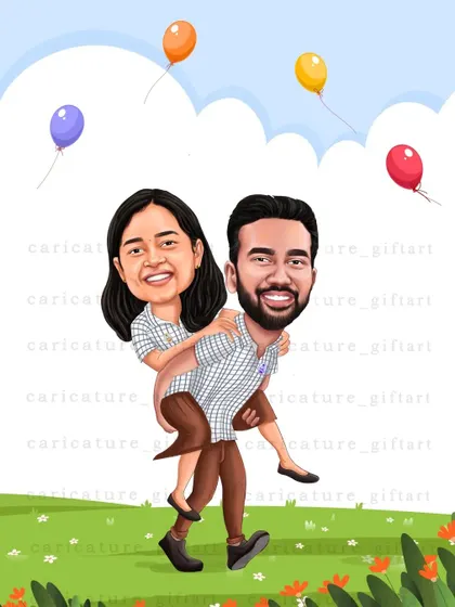 A playful piggyback ride! This fun couple caricature with a cheerful, sunny background is full of joy and perfect for a casual engagement or anniversary gift.