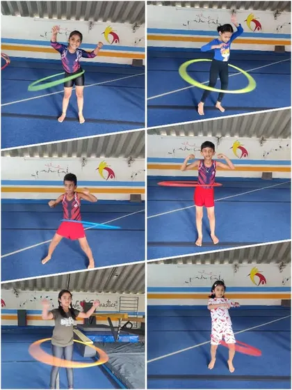 A collage of our beginners having fun with hula hoops. We use props like these to make our warm-ups and conditioning exercises more engaging for the kids.
