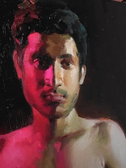 A close up of the face from the college-era figure study. The dramatic red light created a challenging and interesting subject.