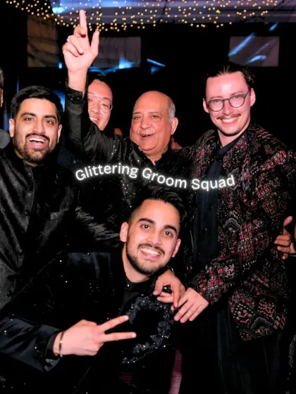 It's all about the squad. This glittering groom squad photo captures the energy and camaraderie of the Sangeet night, with everyone dressed to match the shimmering theme.