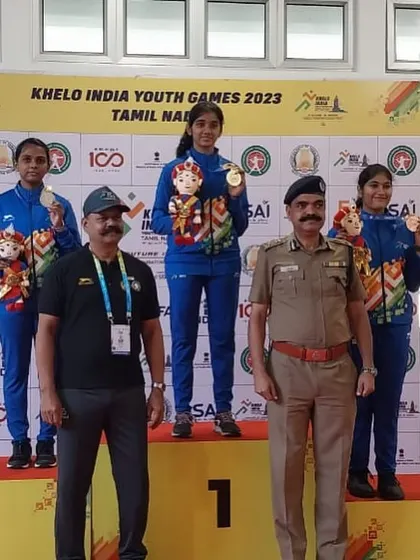 Anushka on the podium after winning the Gold medal in the 50M 3P Rifle event at the Khelo India Youth Games in Chennai.