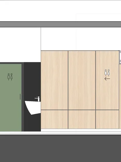 This sectional elevation shows the design for the clinic's restroom and utility area. The drawing illustrates how we maintain the clean lines and material palette even in functional spaces.